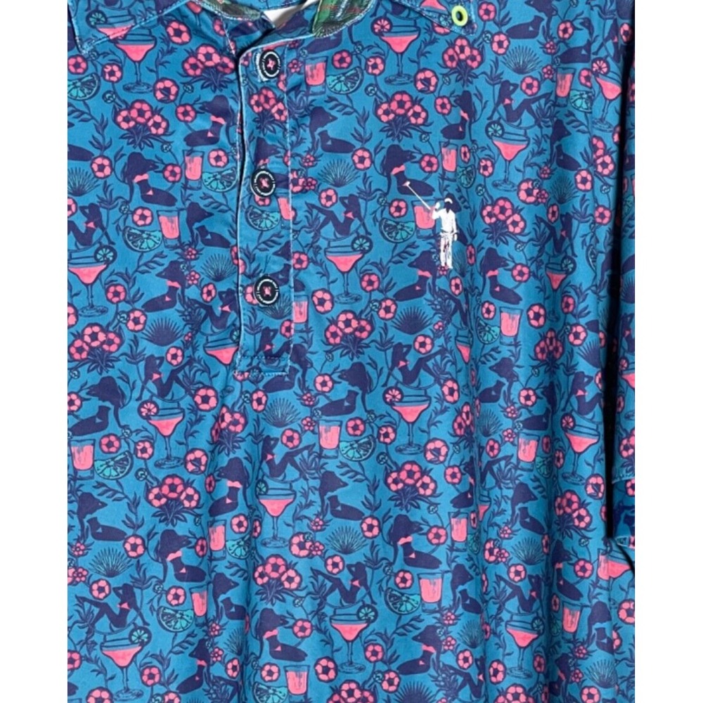 William Murray Polo Shirt Mens Large Blue Golf Cocktail Floral Bikini Girl AOP